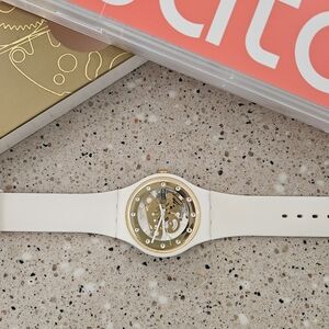 Swatch White Silicone Watch with Gold Transparent Dial and Swarovski Crystals